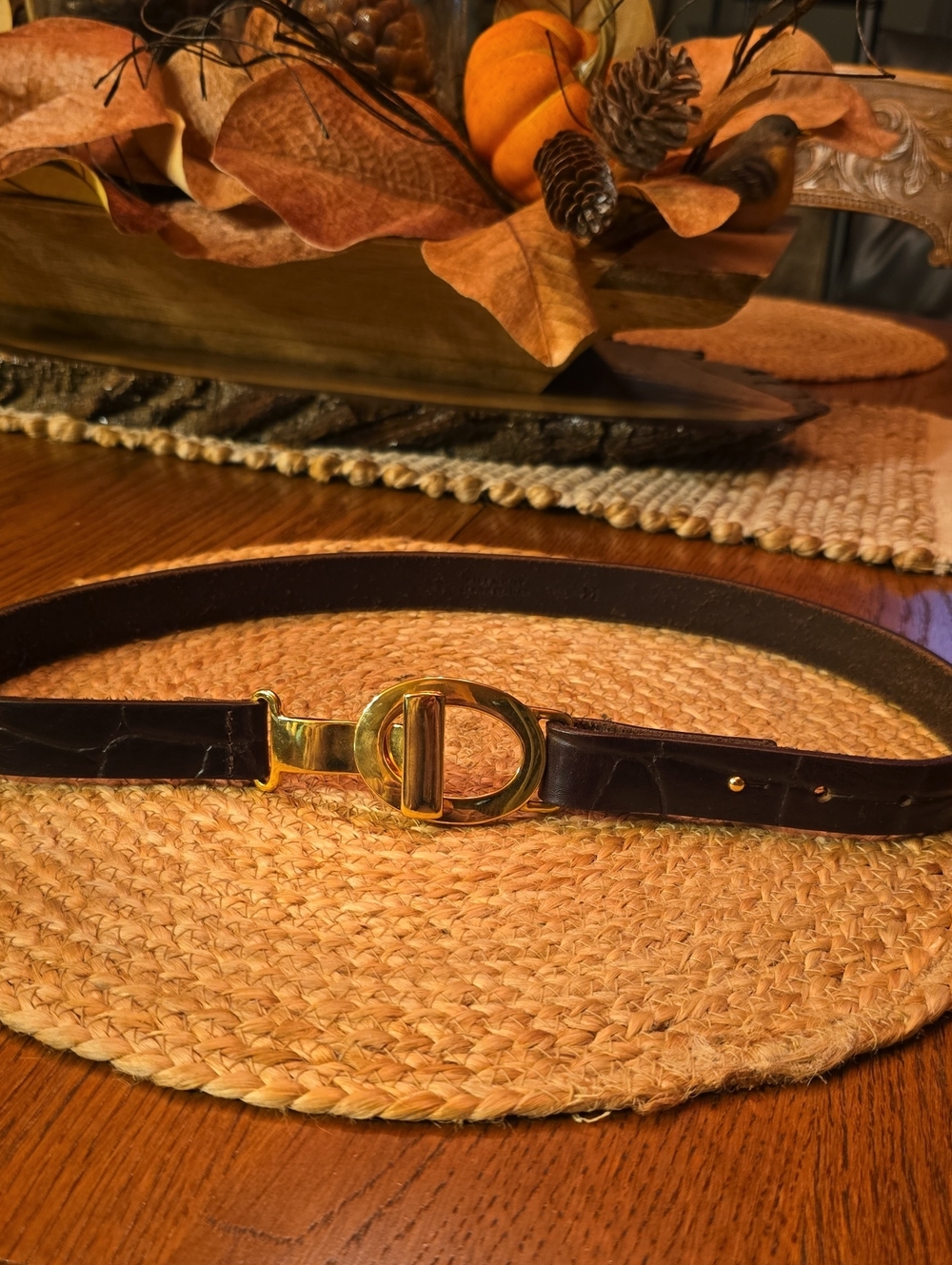 Women's Dark Brown Leather Belt with Gold Buckle